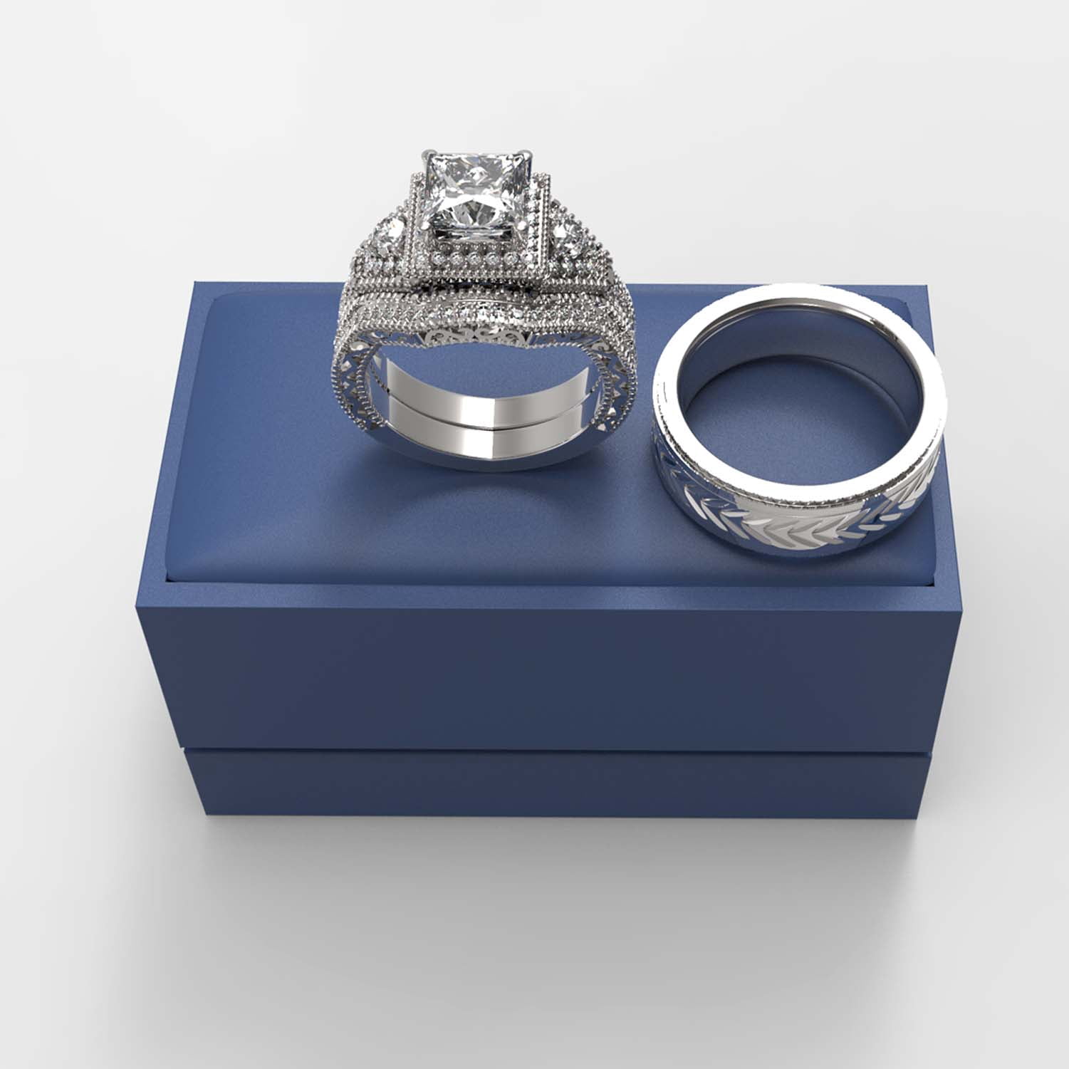 3pc Couples Wedding Ring Sets His And Hers Women Sterling Silve Round Moissanite and men Wedding Bands Together With The Ring Box