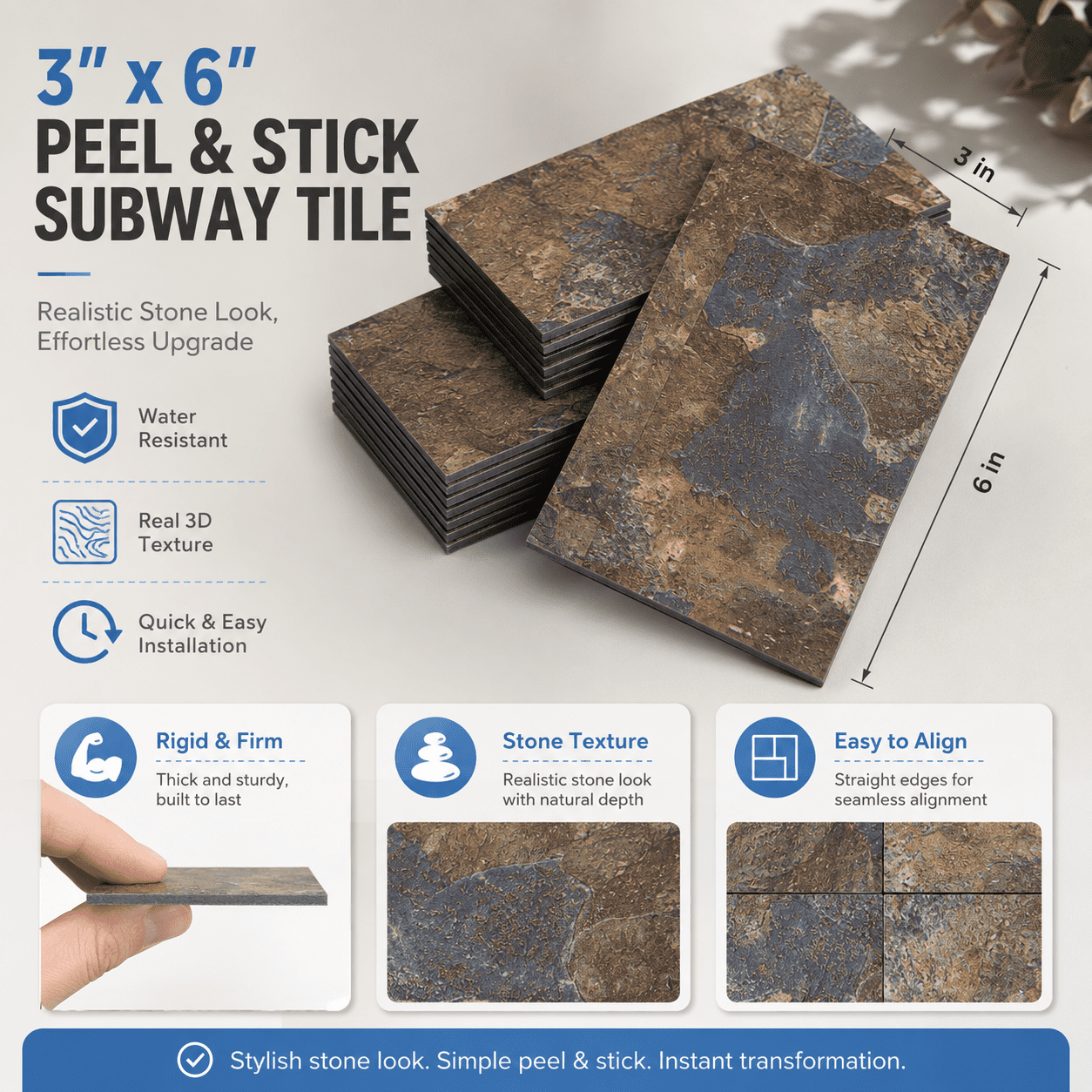Yeslife 102-Pack Peel and Stick Backsplash Tile, 3" x 6" Rust Slate PVC Waterproof Subway Wall Tiles for Kitchen & Bathroom, 12.75 Sq Ft