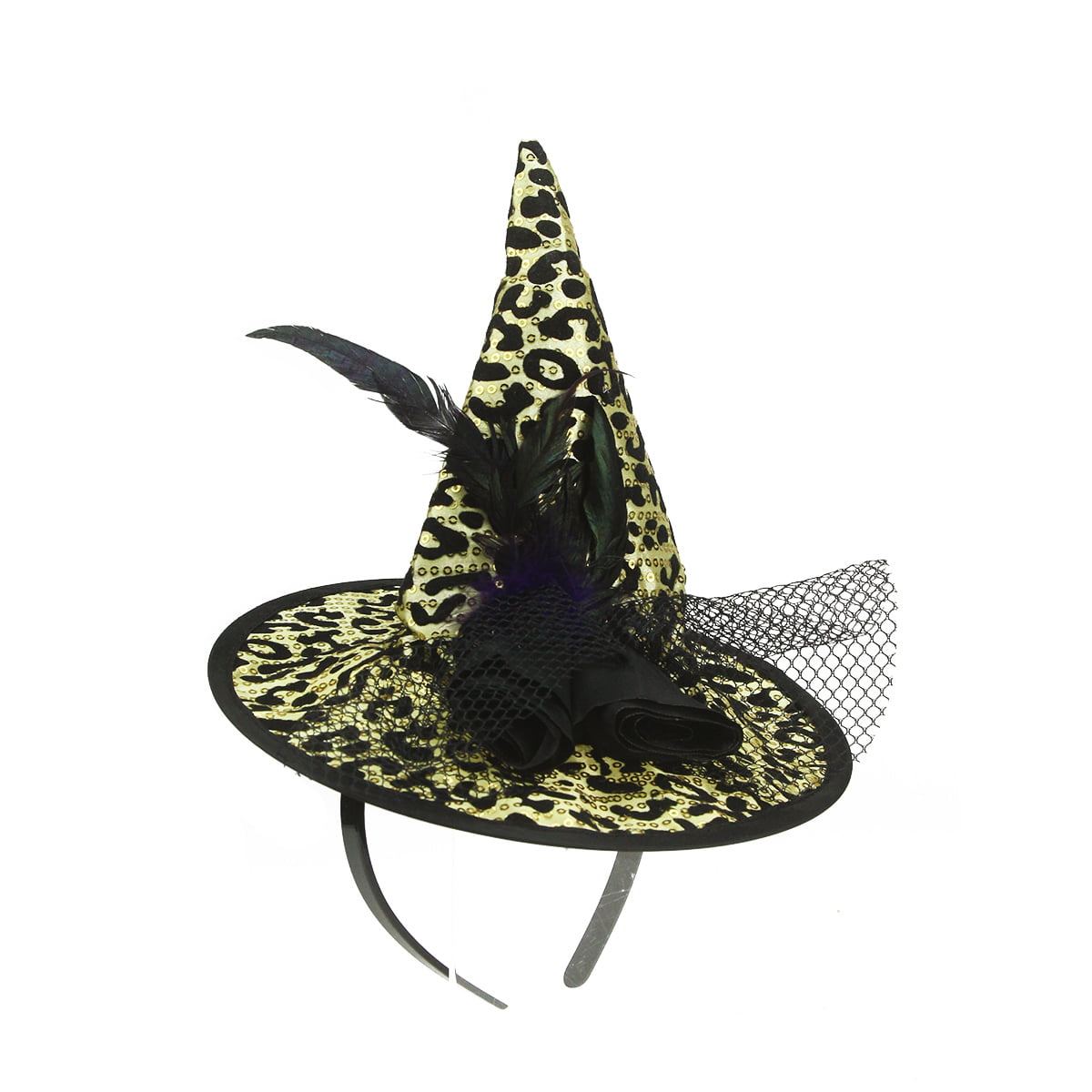 Netting & Spiders Scary Halloween Witch's Black Hat With Feathers 