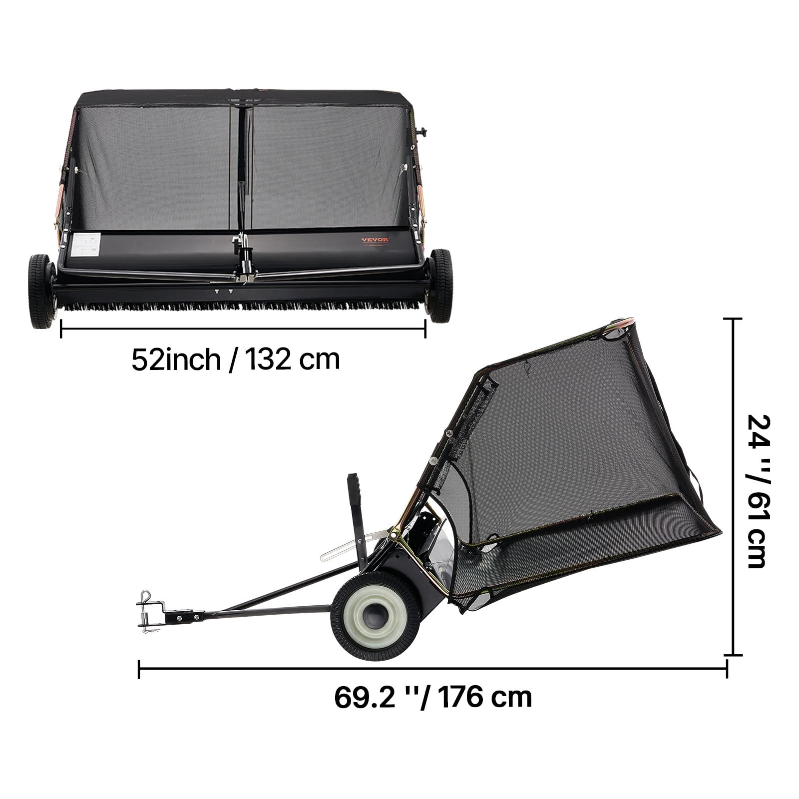 VEVOR 52 in Tow Behind Lawn Sweeper, 26 Cu.ft. Large Yard Sweeper, Adjustable Sweeping Height, Heavy Duty Leaf & Grass Collector with Dumping Rope, Pull Behind Sweepers for Debris Grass Clippings