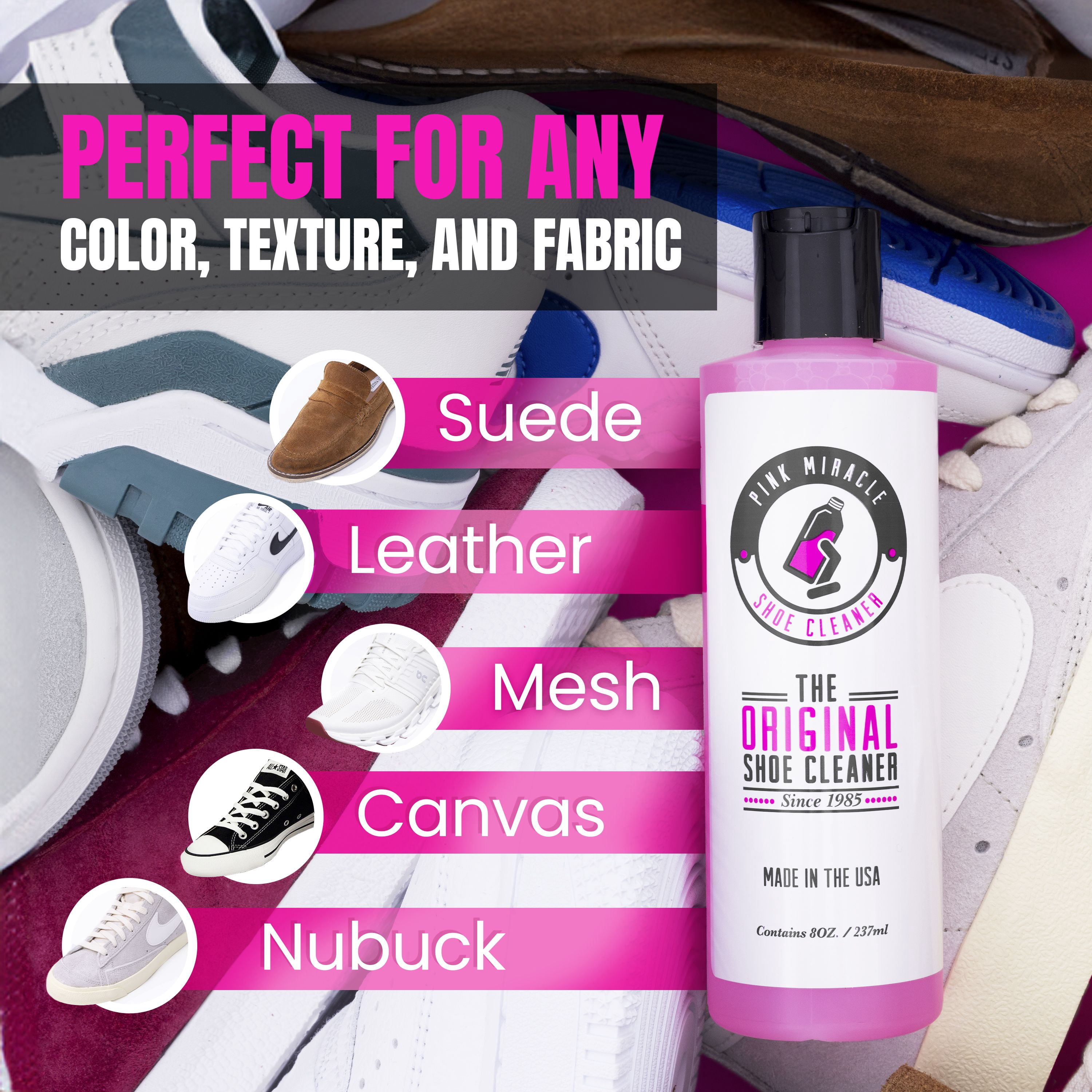 Pink Miracle Shoe Cleaner Kit with Brush - 8 OZ. Fabric Cleaner for Leather, Suede, Nubuck and White Sneakers