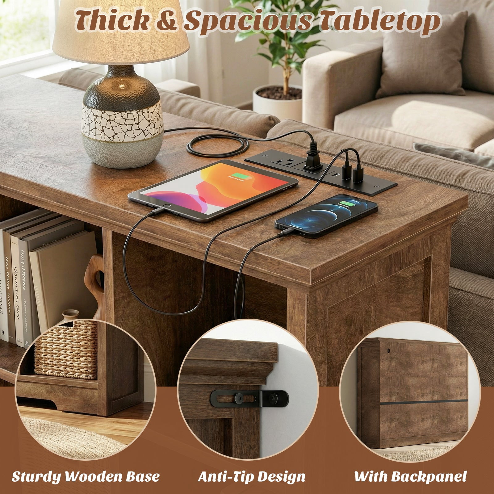 Homieasy 9 Cube Storage Organizer with Charging Station, 41'' Tall Wooden Cube Bookcase for Living Room, Bedroom, Brown Oak