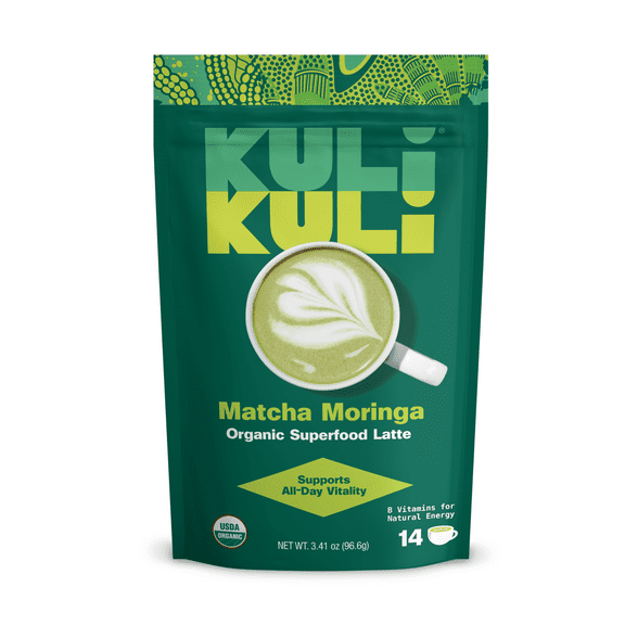 Kuli Kuli Matcha Moringa Organic Superfood Latte, Low-Caffeine Coffee Alternative with Ceremonial Grade Matcha, Moringa and Lion's Mane for Energy and Focus, 3.41 oz