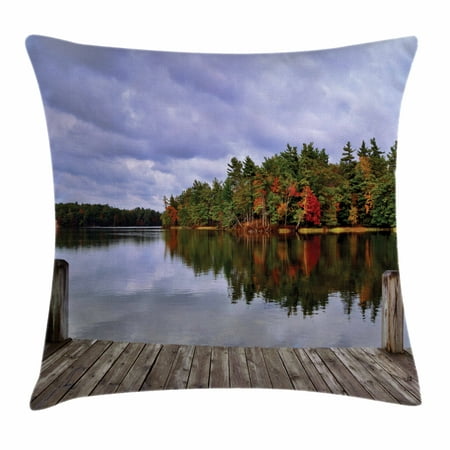 Lake Throw Pillow Cushion Cover, Wooden Dock and Island Ablaze in Fall Splendor Ludington State Park in Michigan USA, Decorative Square Accent Pillow Case, 18 X 18 Inches, Multicolor, by