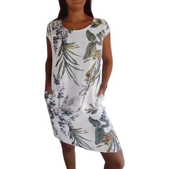 XYMJT Robes Needream, Robe Imprimée en Coton et Lin pour Femmes, Col Rond, avec Poche