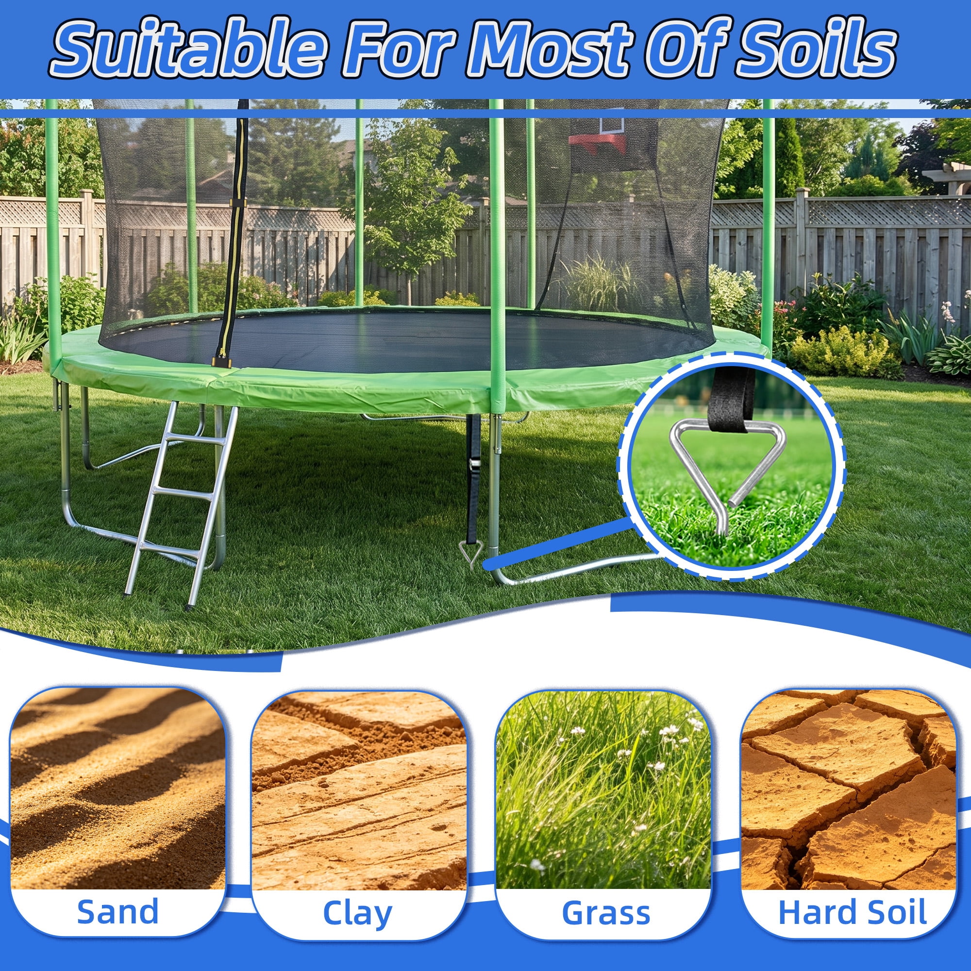 4 Pack Windproof Trampoline Stakes Anchor Kit-Steel Corkscrew Anchor, Heavy Duty Tie Down Kit with Reinforced Safety Straps, Secure Weatherproof Protection for Trampoline, Tent&Playset