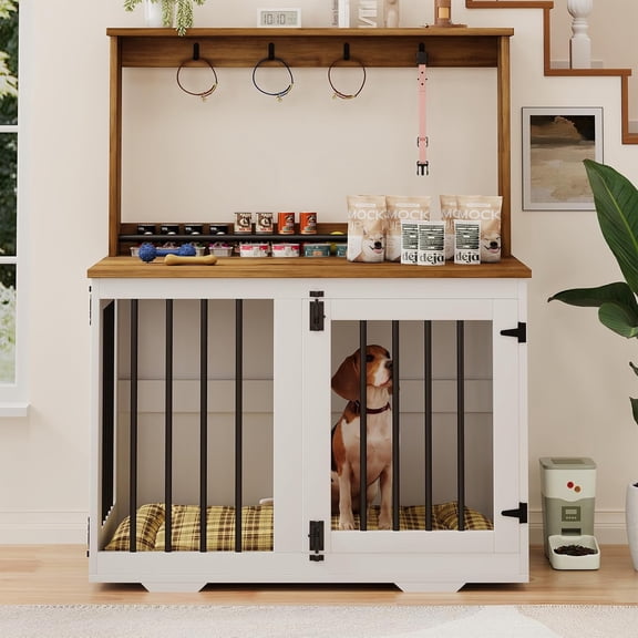 31 Inch Wooden Dog Crate Furniture with Storage Shelf & Hooks - Heavy Duty Kennel for Small Dogs Indoor Pet Cabinet Side Table White