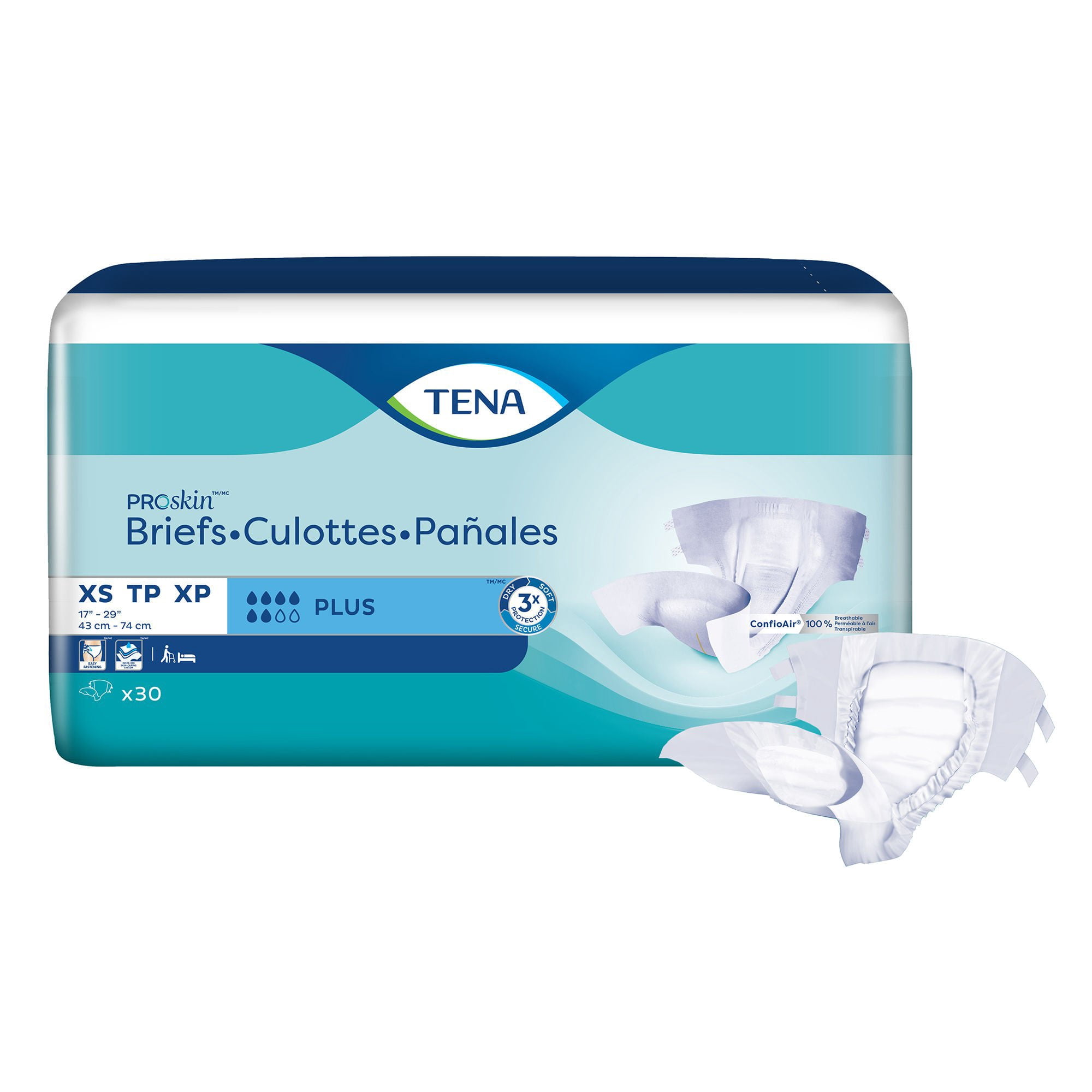 TENA ProSkin Plus Briefs, Incontinence, Disposable, Moderate Absorbency, XS, 30 Count, 1 Pack
