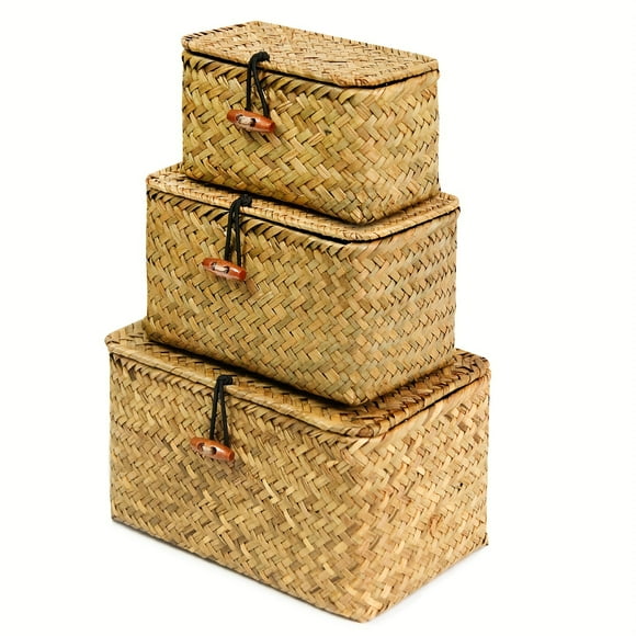 3pcs Woven Storage Box With Lid, Handwoven Storage Bin, Wicker Woven Basket,