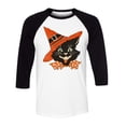 thumbnail image 1 of Vintage Witch Cat Three-Quarter Raglan Sleeve Baseball Shirt Unisex X-Large White/Black, 1 of 5