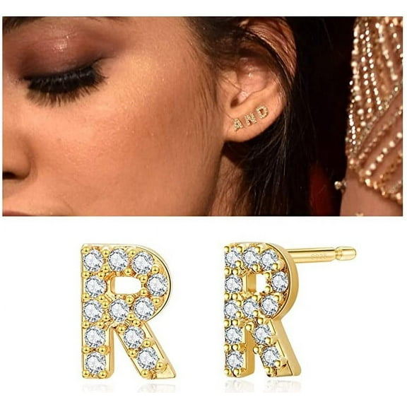 Initial Stud Earrings Letter R, 925 Sterling Silver Post with Zirconia Gold Pleated