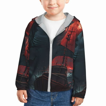 

Ocsxa Red Moon Shark Sailboat Print Kids Active Zipper Sun Protection Jacket Boys Girls Hooded Cooling Shirt-5 Years