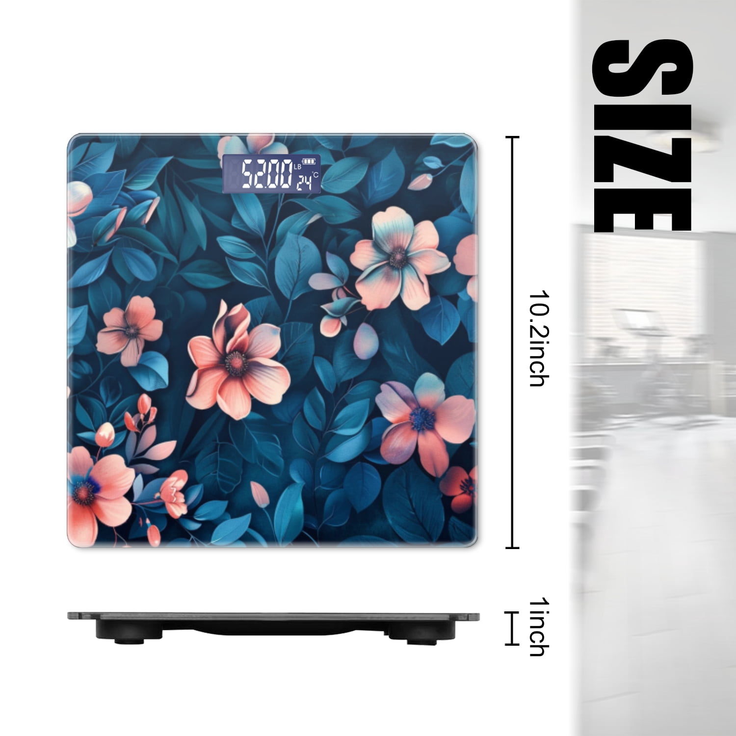 Bathroom Scale, Highly Accurate Digital Body Scale,Precisely Measures Weight up to 400 lbs-Beautiful Floral Pattern With Flowers And Leaves On Blue Background