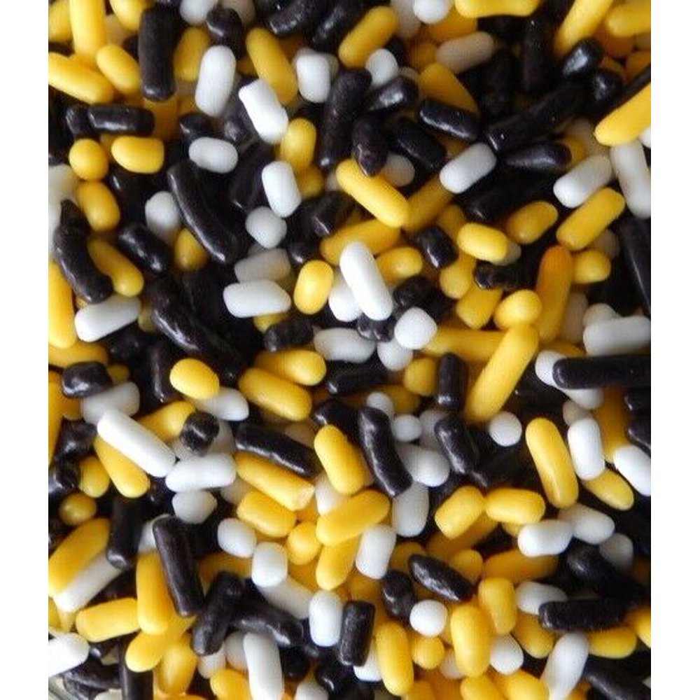 Black, Yellow, and White Jimmies Edible Sprinkles 4 oz Packaged in