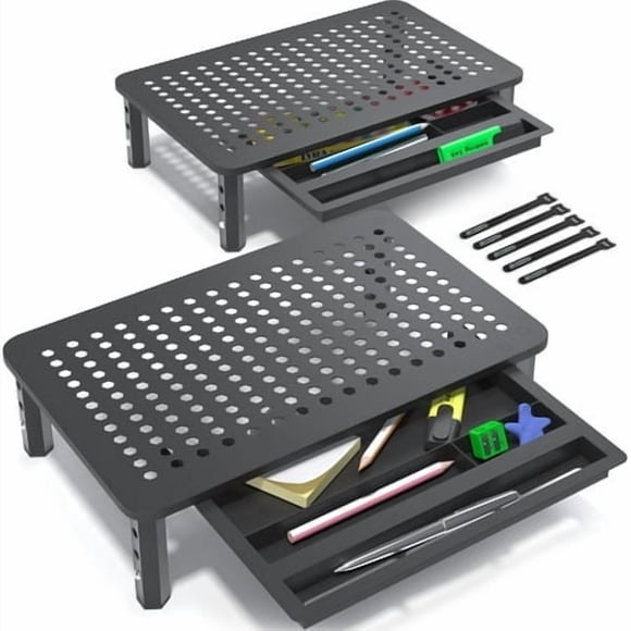 EVOOMI Back Saver Monitor Stand for Desk - 2 Pack Monitor Riser with Drawer - Gain 5 Weeks a Year Less Pain & Peak Productivity with Anti Skid Mesh Metal Computer Stand for Laptop Printer & iMac