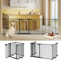LUCKUP Freestanding Dog Gates with Door Walk Through, Extra Wide Doggy Door 100" W x 29" H Pet Gate Safty 4 Panels Dog Fence for Stairs, Doorways
