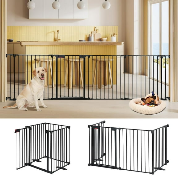 LUCKUP Freestanding Dog Gates with Door Walk Through, Extra Wide Doggy Door 100" W x 29" H Pet Gate Safty 4 Panels Dog Fence for Stairs, Doorways