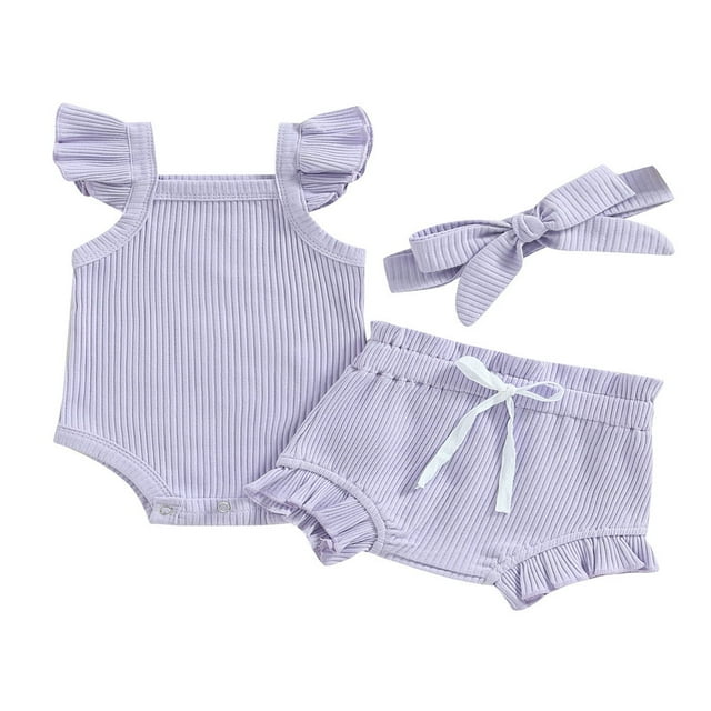 Infant Baby Girl Summer Clothes Ribbed Ruffle Sleeveless Romper Drawstring Bloomer Shorts Headband Outfits Blue 0-3 Months