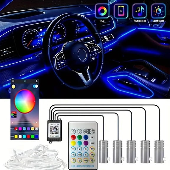 In-car LED Lights With Wireless App And Remote Control, RGB 5 In 1 Ambient Lighting Kit, 236 Inch Fiber, 16 Million Color Automotive Neon, Synchroized Music, Automotive High Brightness Neon Kit