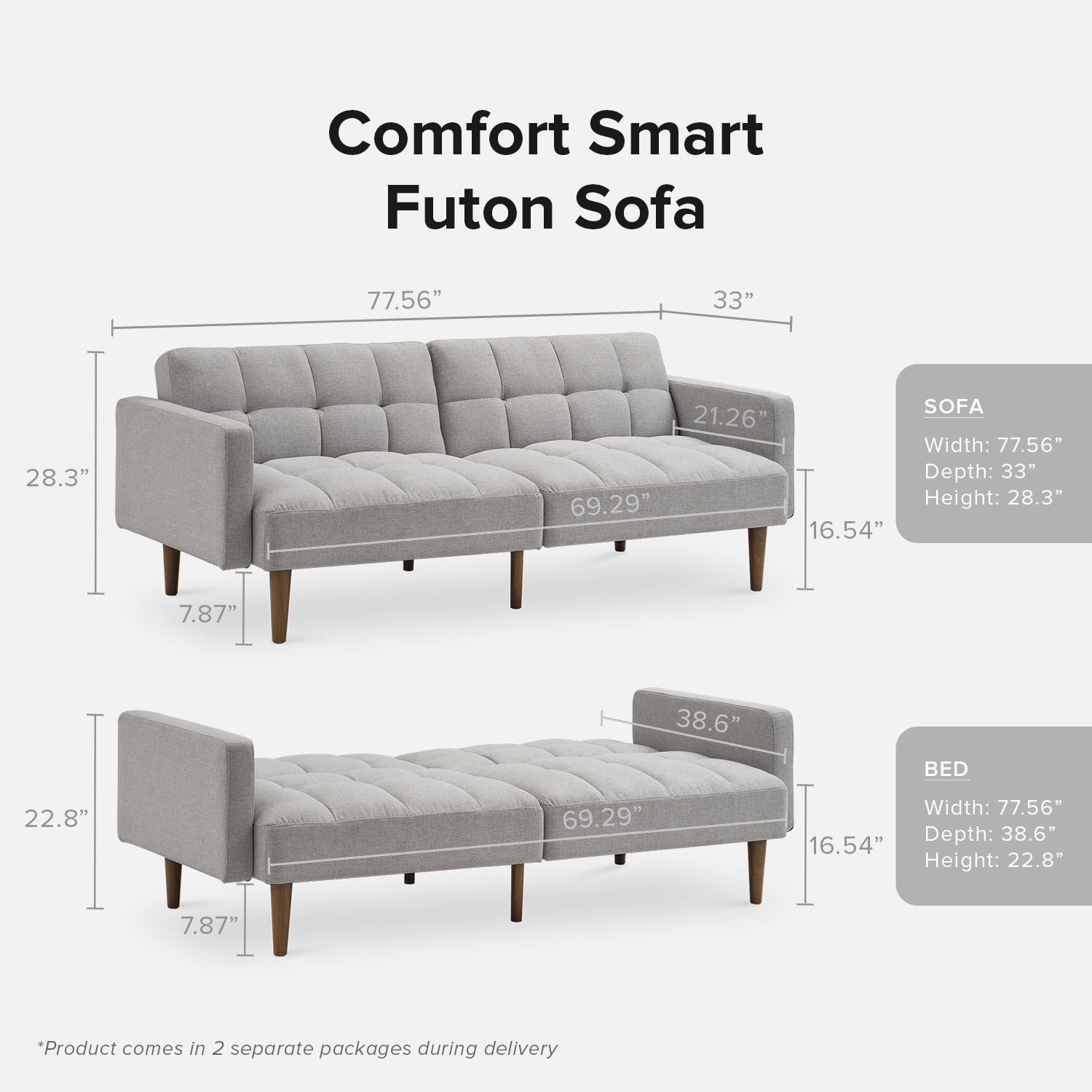 Mopio Aaron Twin Futon Sofa Split Back Design 77.5" Light Gray Fabric