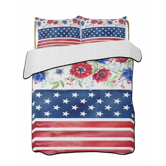 Quilt King Size Bedding Set, Independence Day Reversible Summer Quilt 3 Pieces, American Flag Stars Country Flowers Lightweight Bedspreads Coverlets with 2 Pillow Shams for All Seasons