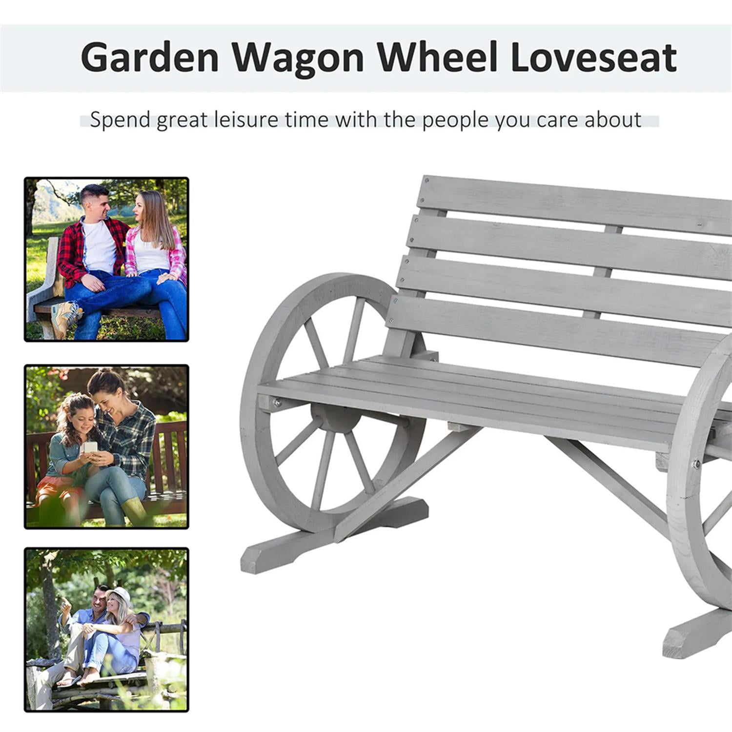 Demi Bonn 41" Patio Garden Bench Wooden Wagon Wheel Bench, Outdoor Benches Furniture with Backrest for Backyard, Park, Lawn, Yard, Gray