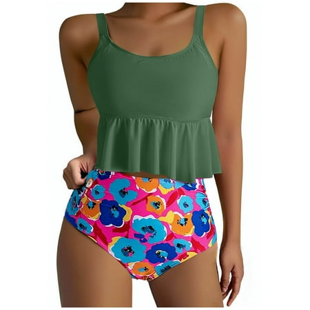 Atogsazn Womens Tankini Swimsuits Ruffled Tank Top Tummy Control Floral Modest Swimwear High Waisted Bikini 02-Army Green XL on Clearance