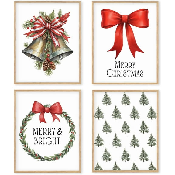 Hieng Red Christmas Winter Unframed Wall Art Prints, Tree Bell Snowflake Posters for Home Bedroom Livingroom Decor Set of 4