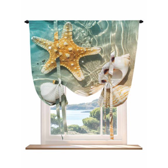 Ocean Shell Tie Up Curtains for Windows 63 Inch Length Balloon Curtains Kitchen Adjustable Balloon Window Shade Beach Starfish Sea Water Sand Shore Tie Up Valance Bathroom Curtain Window 46"x63"