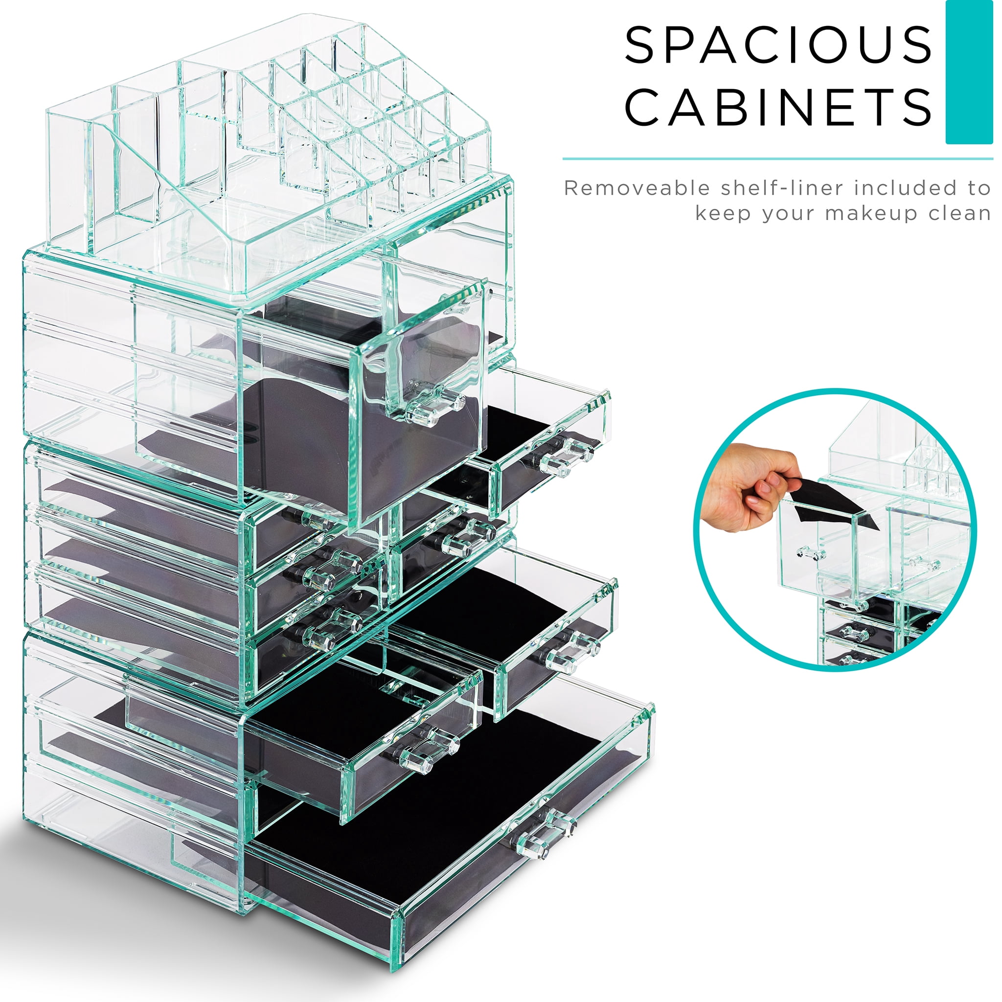 Sorbus Stackable Clear Teal Makeup Organizer, 4-Piece, 12 Drawers, 16 Lipstick Slots