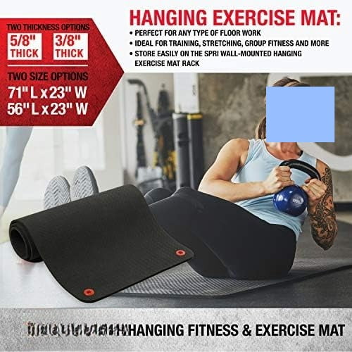 Hanging Exercise Mat, Fitness & Yoga Mat for Group Fitness Classes, Commercial Grade Quality with Reinforced Holes 71" L x 23" W x 5/8" (Black)