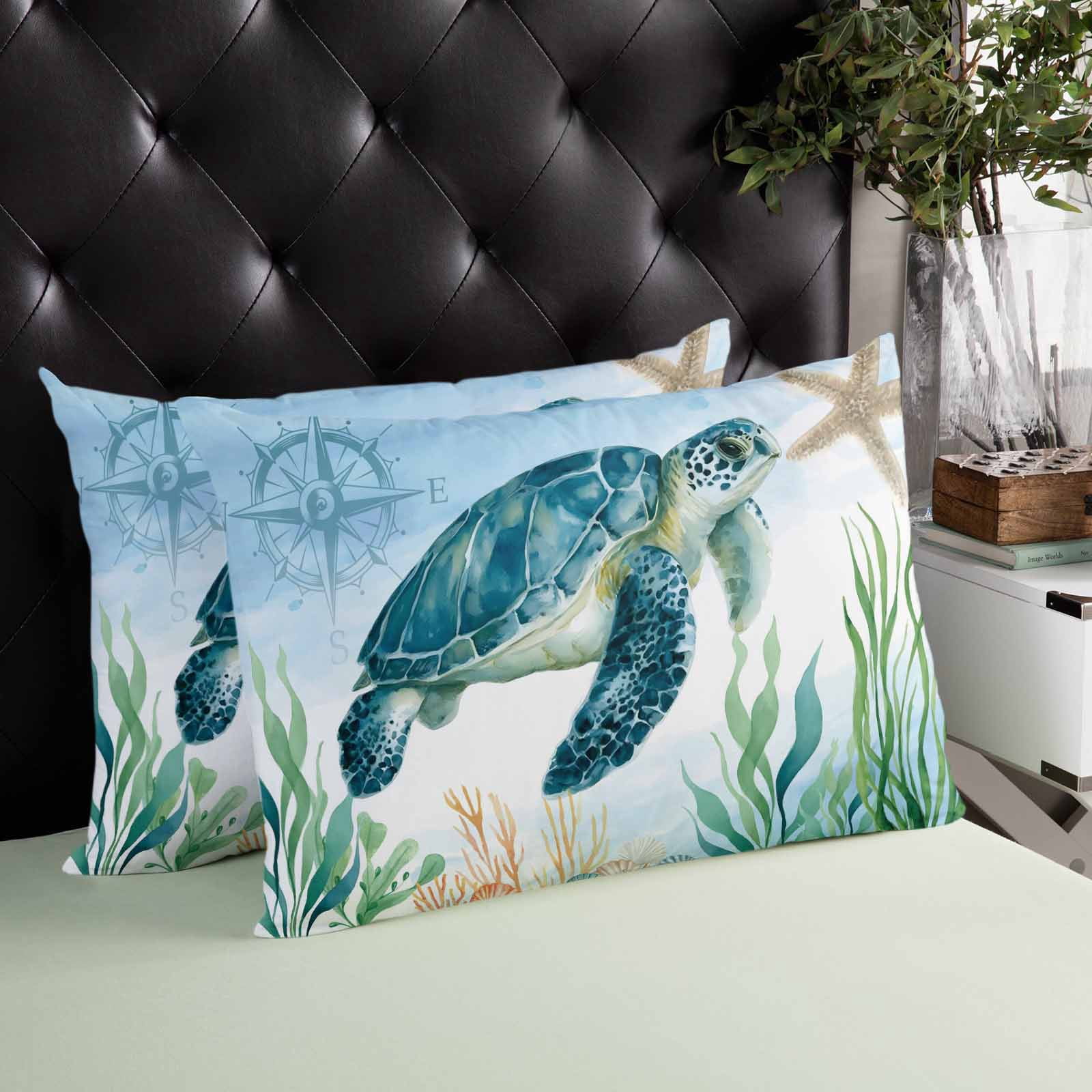 Turtle Throw Pillow Cover 24 x 36 Inch Decorative Pillow Cover Blue Ocean Coastal Nautical Compass Coral Starfish Lumbar Pillowcase Seasonal Rectangle Cushion Case for Couch Sofa Bed Living Room