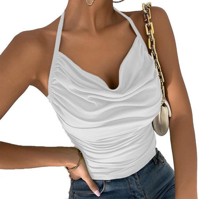 Camiseta sin mangas con pliegues para mujer, Top sin mangas con cuello Halter, camiseta sin espalda de moda de Color puro, Top con tirantes ajustado blanco M