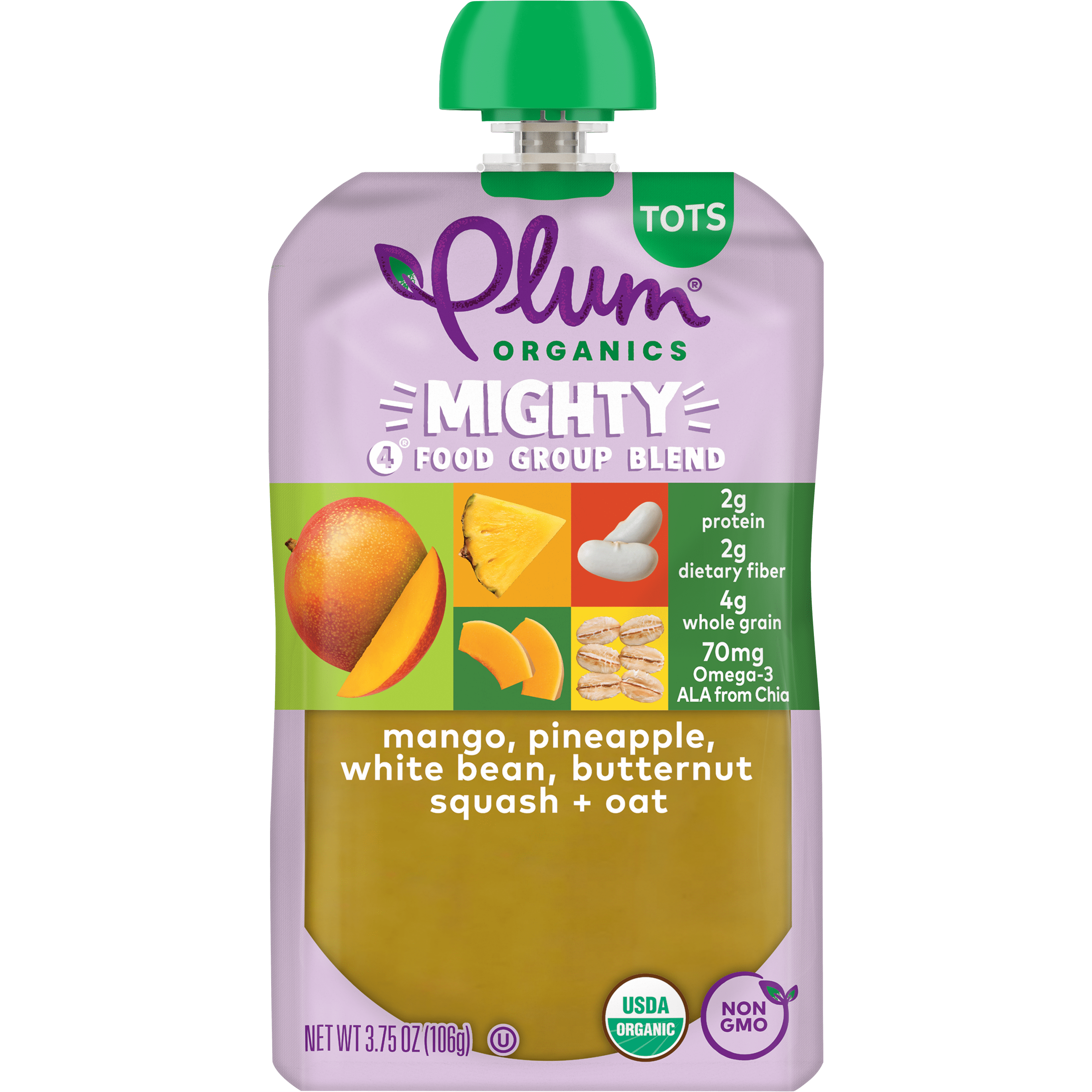 Plum Organics Mighty 4 Organic Toddler Food, Mango, Pineapple, White Bean, Butternut Squash, and Oat, 3.75 oz Pouch (6 Pack)