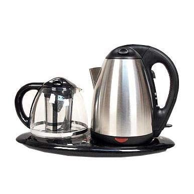 Tea Maker Set - Kettle, Filter, Tray 3 Pc- Dual Electric Kettles Stainless  Steel & Glass with Keep Tea Warm Tray Cordless Easy To Clean 1.7 L, ON/OFF  Indicator Acid Resistant black 