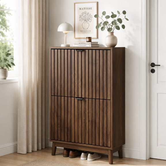 Semiocthome Modern Slim Shoe Cabinet for Entryway, Space Saving Shoe Storage Organizer with 2 Flip Down Slatted Doors, Shoes Rack for Hallway, Walnut