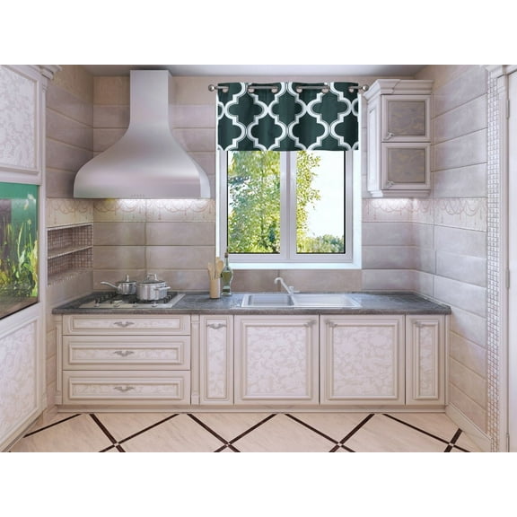 1-Piece Moza Hunter Green/White Geometric Blackout Bronze Grommet Window Panel Valance 37" Wide X 18" Length
