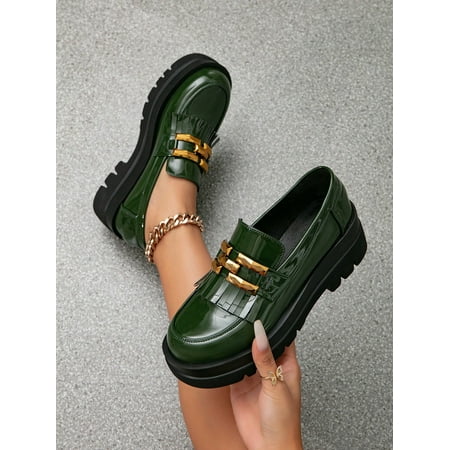 

ASWMXR Women‘s Chunky Sole Loafers With Metal Buckle Pointed Toe Leather Shoes Retro Thick Heel Pumps Oxfords Slip-On Green Black Casual Office Lady Work Shoes
