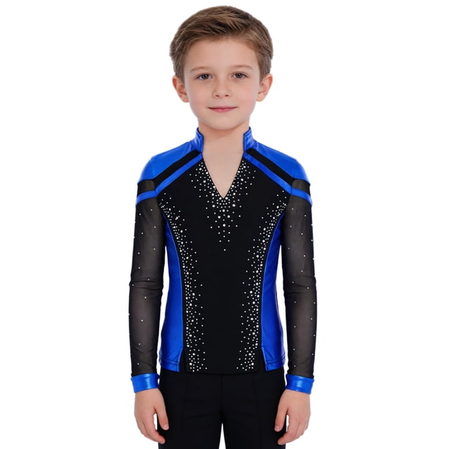 RUNQHUI Kids Boys Shiny Rhinestone Long Sleeve Figure Ice Skating Top Tees Performance Competition T-Shirts Royal Blue 16