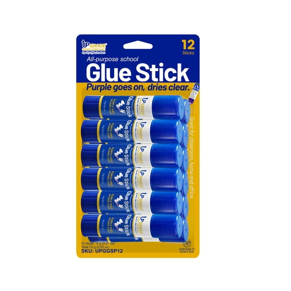 Upgrade Office Supply Acid-Free All Purpose School Glue Sticks, 6g, 12 Count, Purple Goes On Dries Clear, Washable, Non-Toxic