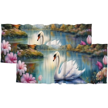 Floral Blackout Curtain Valances Swan Watercolor Spring Flower Rod Pocket Decoration Window Valance Curtains 54x18inch(2Pcs)