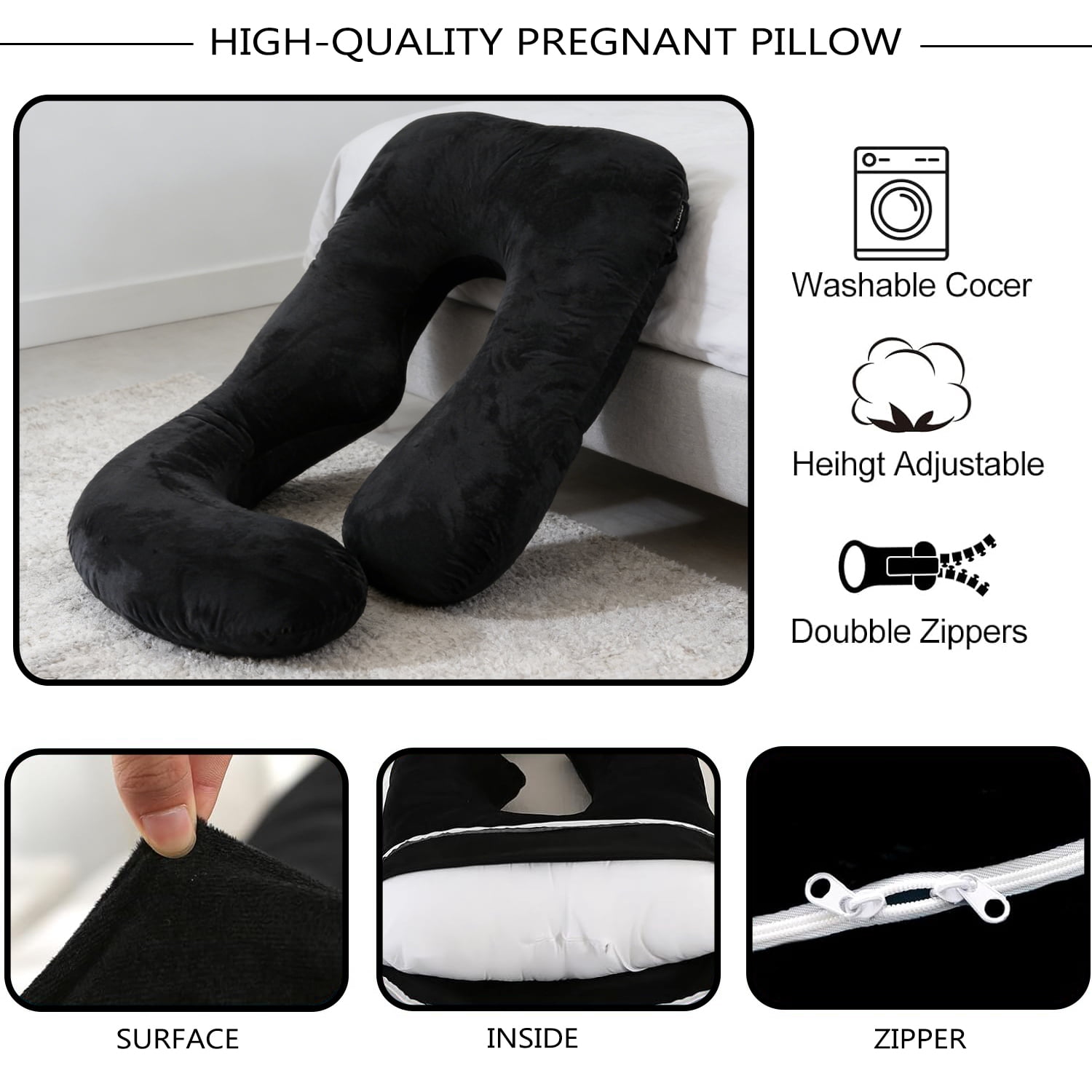 AFGFUF  J-Shaped Pregnancy Pillow, 65" x 16" x 8" Full Body Maternity Support Pillow, Black, with Removable Washable Cover
