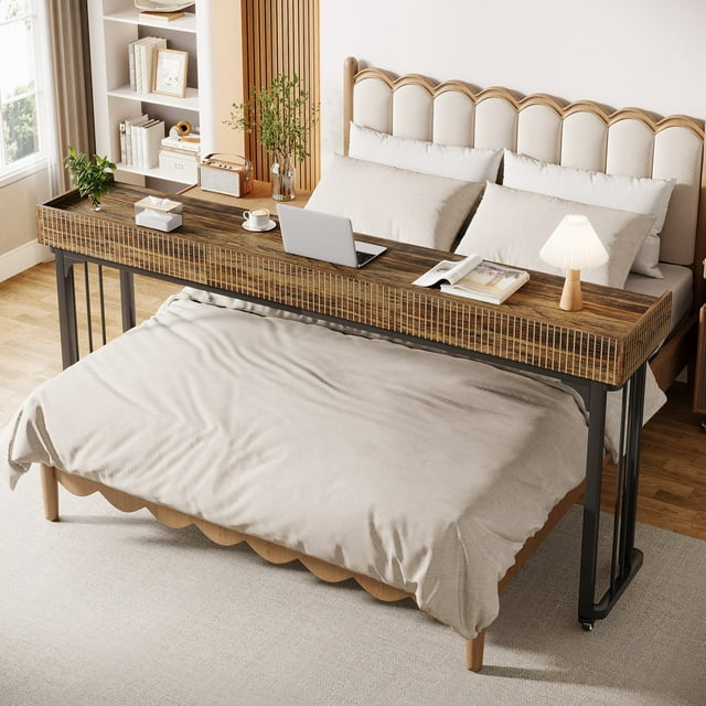Fnova 78.8" Large Mobile Over-Bed Table with Wheels, Makeup Vanity with Mirror & Storage, Modern Computer Desk, Standing Laptop Cart for Living Room & Bedroom