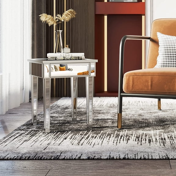 Mirrored End Table with Drawer Silver Modern Nightstand/Bedside/Accent Table for Small Space,Living Room,Bedroom,15.7" L x 15.7" W x 24" H,Mirror