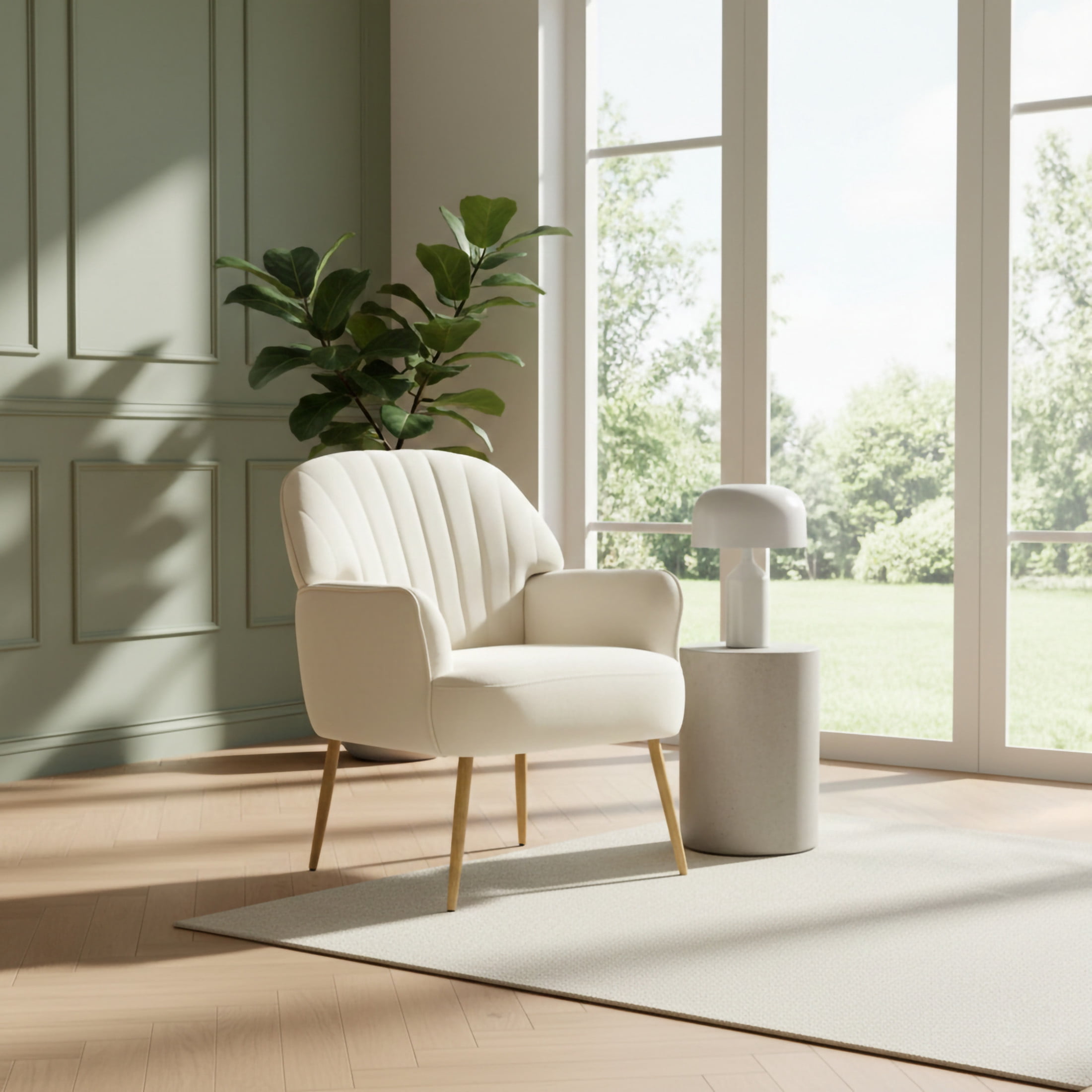 Noble House Ordis Velvet Accent Chair with Shell-Shaped Backrest & Metal Legs, Comfy Barrel Chair for Living Room, Beige