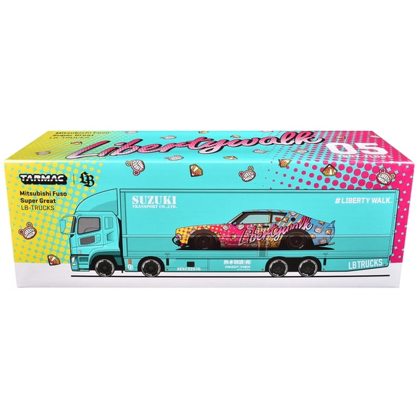 Mitsubishi Fuso Truck with Transporter Light Blue with Graphics 1