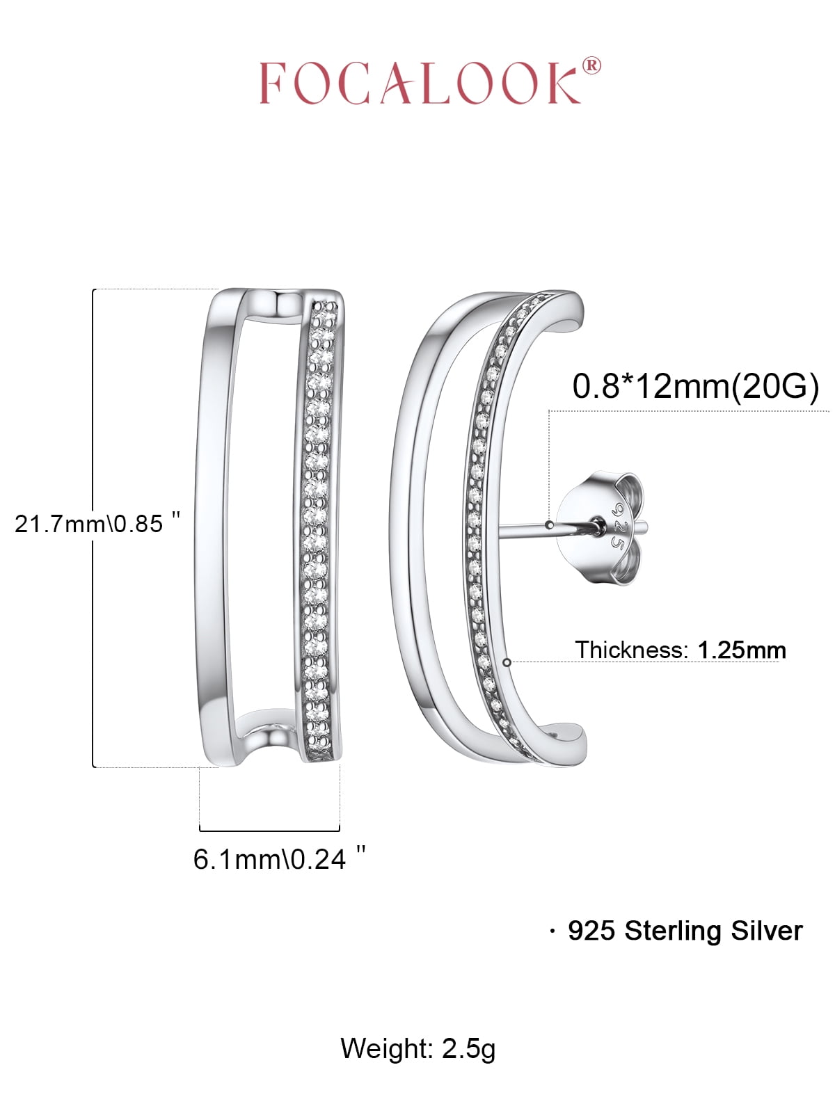 FOCALOOK Suspender Ear Cuff Earrings for Women 925 Sterling Silver Wrap Earlobe Studs Hypoallergenic Minimalist Cubic Zirconia Crawler Climber Huggie Hoop Earrings Jewelry Gift