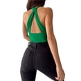 thumbnail image 5 of Seyurigaoka Women Juniors Summer Halter Neck Bodysuit, Solid Color Sleeveless Hollow Out Backless Slim Jumpsuit Fashion Leotard Tops, 5 of 9