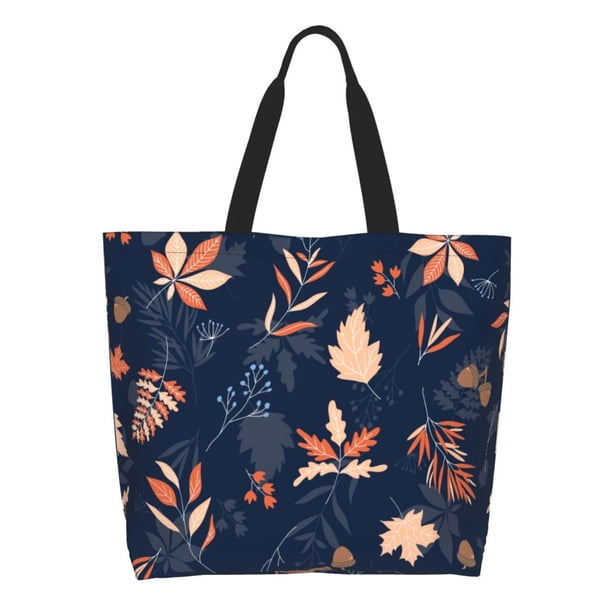 Fotbe Autumn Leaves With Blue Bolsa Tote Estética de Lona con Estampado para Mujer - Bolsa Reutilizable de Hombro Casual para Vacaciones, Compras, Trabajo y Gimnasio