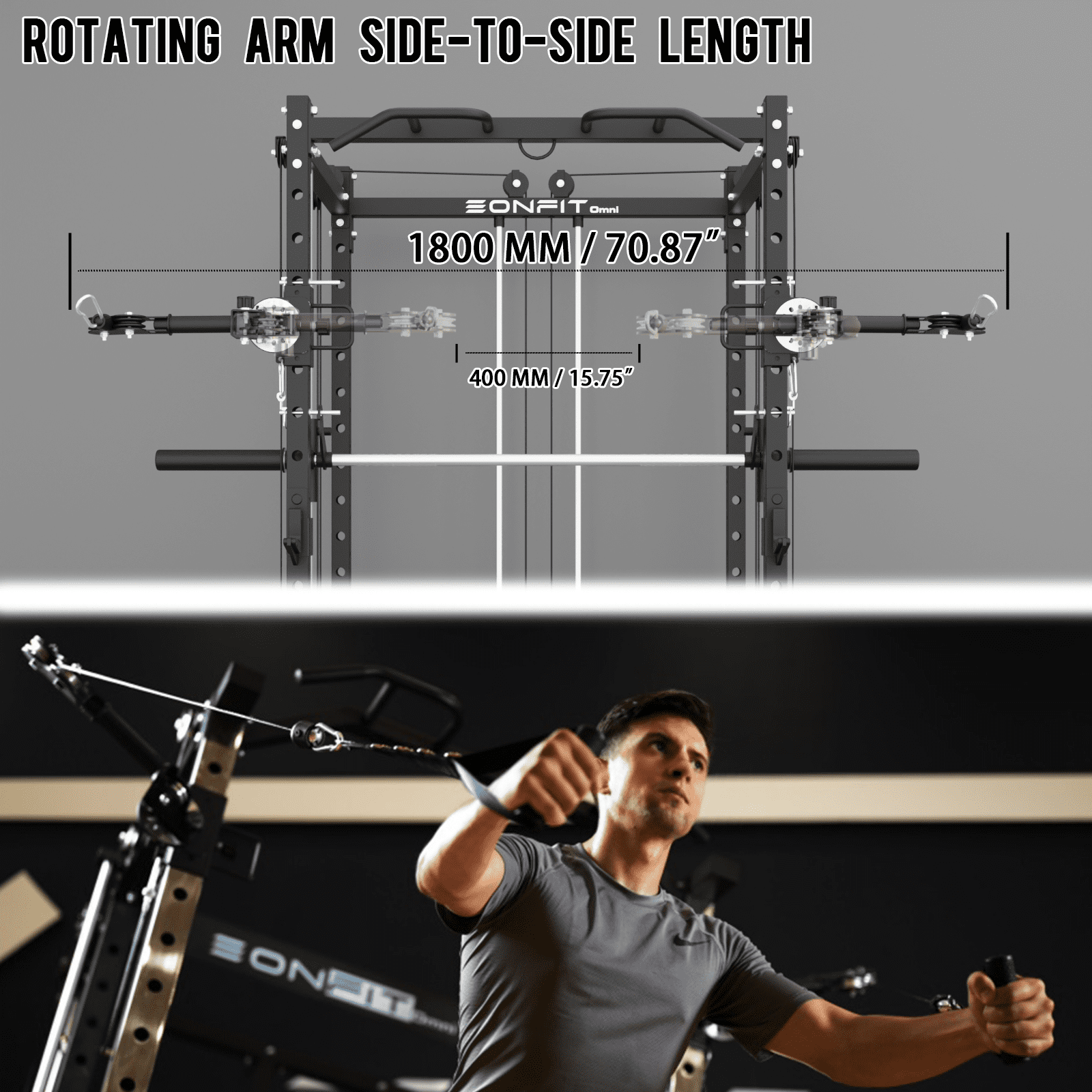 Eonfit E3 Smith Machine with 3D Rotating Arm for Home Gym Equipment, Multi-Function Power Cage Squat Rack with Cable Crossover LAT Pulldown Pulley System All in One (E3 BLK PRO)